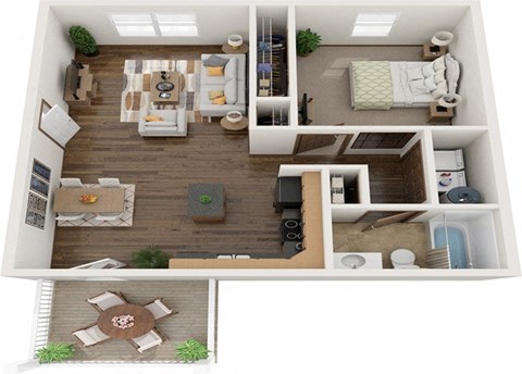 a 3d rendering of a floor plan with a bedroom and a living room